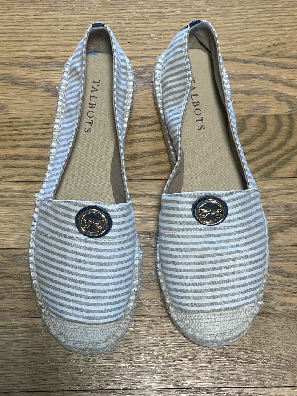 NWOT - Talbots Striped Canvas Espadrille Flats Dragonfly Gold Emblem - Sz 7.5